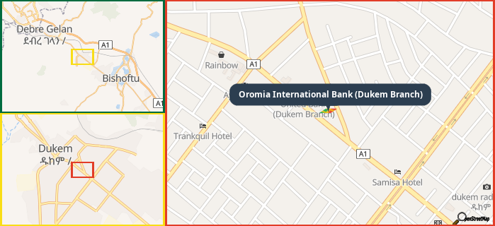 Map showing the address of Oromia International Bank (Dukem Branch) in three different zoom levels.
