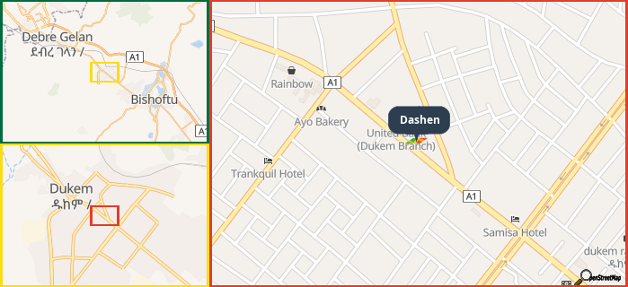 Map showing the address of Dashen in three different zoom levels.