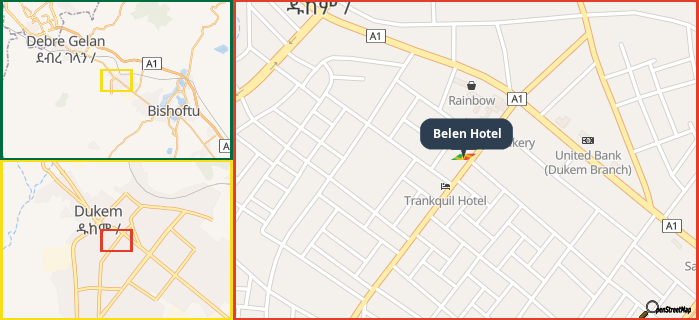 Map showing the address of Belen Hotel in three different zoom levels.