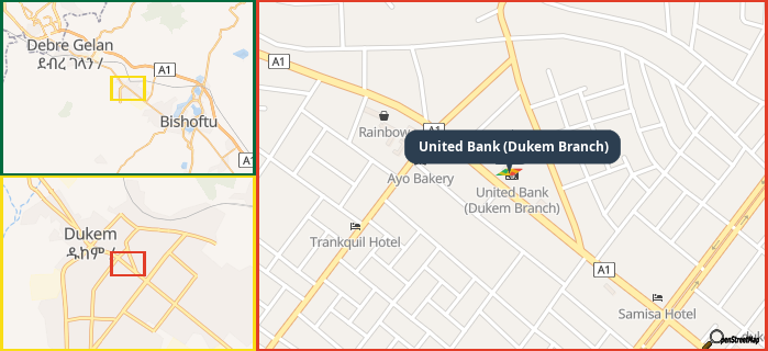 Map showing the address of United Bank (Dukem Branch) in three different zoom levels.