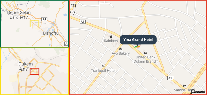 Map showing the address of Yina Grand Hotel in three different zoom levels.