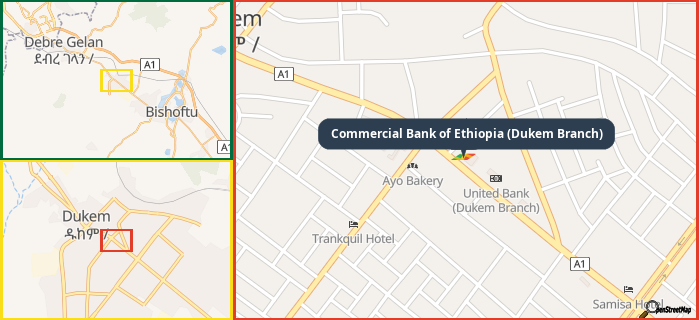 Map showing the address of Commercial Bank of Ethiopia (Dukem Branch) in three different zoom levels.