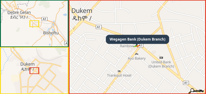 Map showing the address of Wegagen Bank (Dukem Branch) in three different zoom levels.