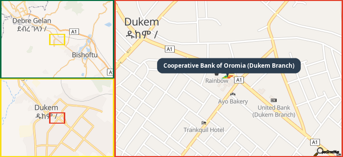 Map showing the address of Cooperative Bank of Oromia (Dukem Branch) in three different zoom levels.
