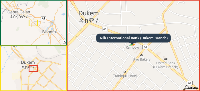 Map showing the address of Nib International Bank (Dukem Branch) in three different zoom levels.