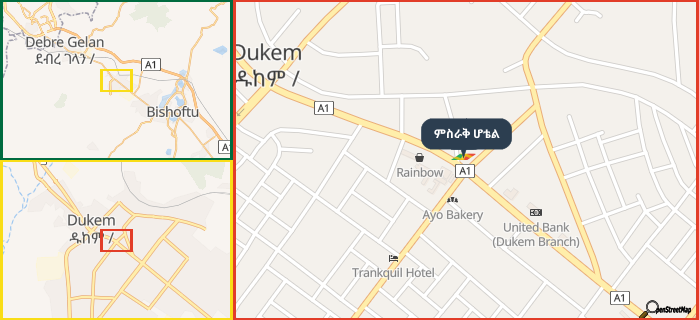 Map showing the address of ምስራቅ ሆቴል in three different zoom levels.