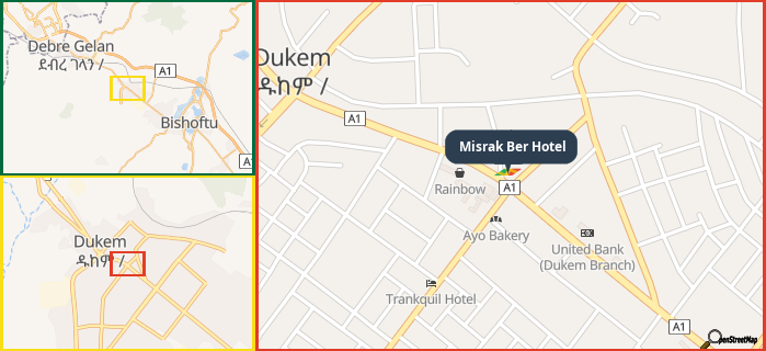 Map showing the address of Misrak Ber Hotel in three different zoom levels.
