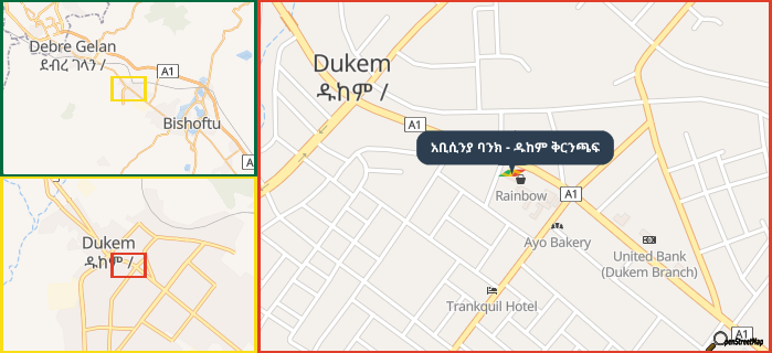Map showing the address of አቢሲንያ ባንክ - ዱከም ቅርንጫፍ in three different zoom levels.