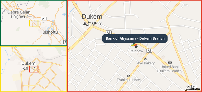 Map showing the address of Bank of Abyssinia - Dukem Branch in three different zoom levels.