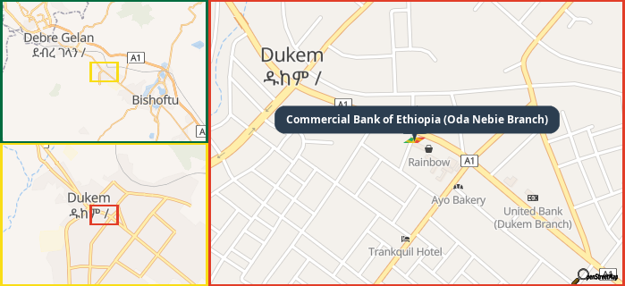 Map showing the address of Commercial Bank of Ethiopia (Oda Nebie Branch) in three different zoom levels.