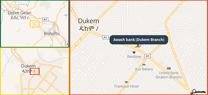 Map showing the address of Awash bank (Dukem Branch) in three different zoom levels.