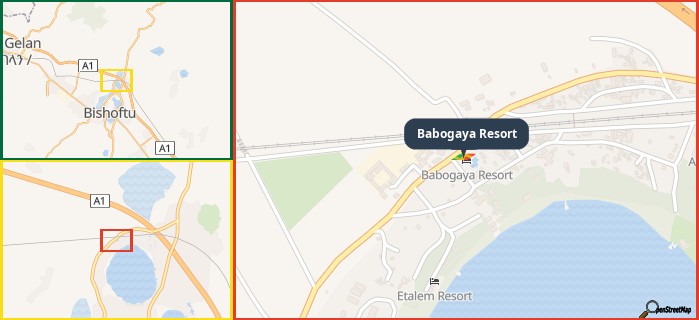 Map showing the address of Babogaya Resort in three different zoom levels.