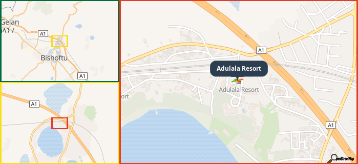 Map showing the address of Adulala Resort in three different zoom levels.