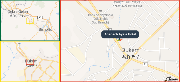 Map showing the address of Abebech Ayele Hotel in three different zoom levels.