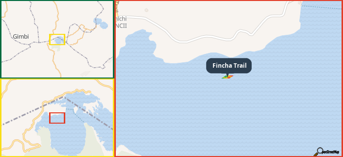 Map showing the address of Fincha Trail in three different zoom levels.