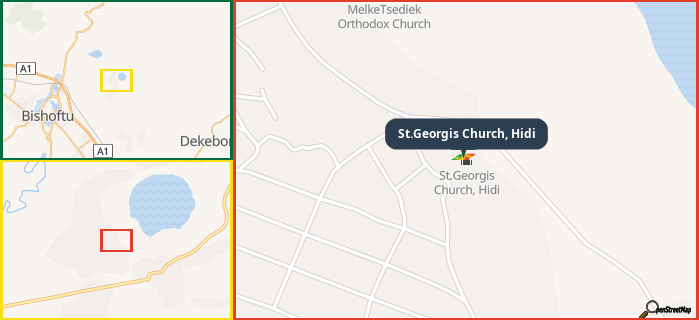Map showing the address of St.Georgis Church, Hidi in three different zoom levels.
