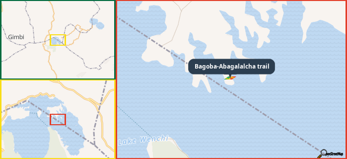 Map showing the address of Bagoba-Abagalalcha trail in three different zoom levels.