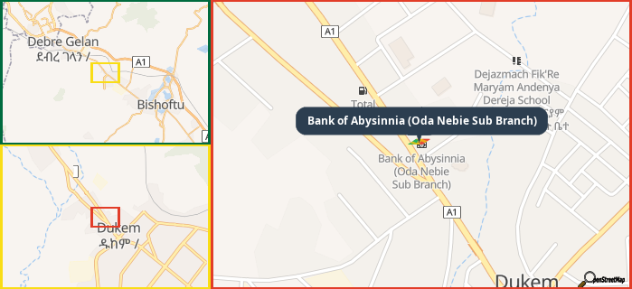 Map showing the address of Bank of Abysinnia (Oda Nebie Sub Branch) in three different zoom levels.