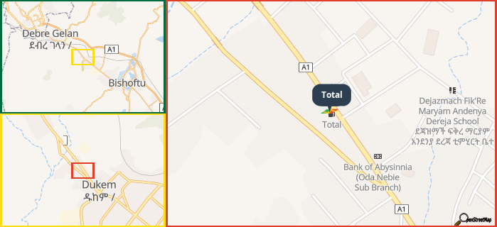 Map showing the address of Total in three different zoom levels.