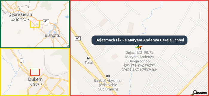 Map showing the address of Dejazmach Fik'Re Maryam Andenya Dereja School in three different zoom levels.