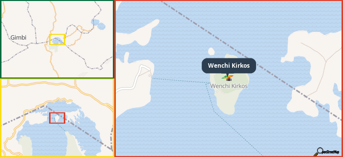 Map showing the address of Wenchi Kirkos in three different zoom levels.