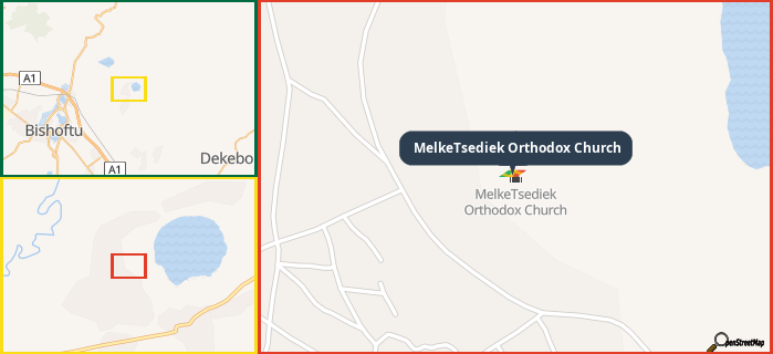 Map showing the address of MelkeTsediek Orthodox Church in three different zoom levels.