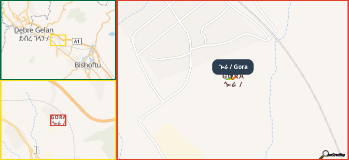 Map showing the address of ጐራ / Gora in three different zoom levels.
