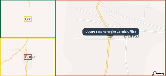 Map showing the address of COOPI East Harerghe Goloda Office in three different zoom levels.