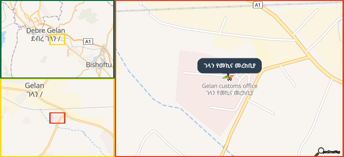 Map showing the address of ገላን የመኪና መረከቢያ in three different zoom levels.