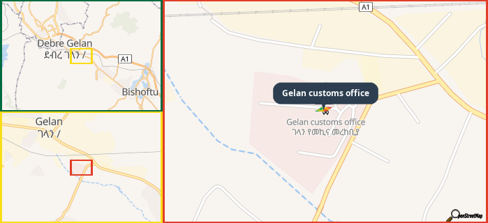 Map showing the address of Gelan customs office in three different zoom levels.