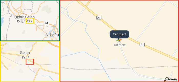 Map showing the address of Taf mart in three different zoom levels.