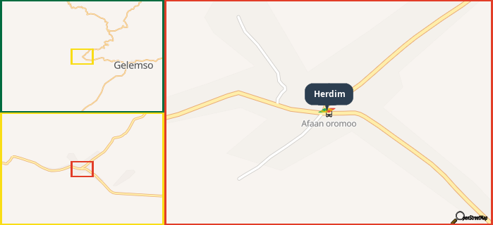 Map showing the address of Herdim in three different zoom levels.
