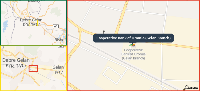 Map showing the address of Cooperative Bank of Oromia (Gelan Branch) in three different zoom levels.