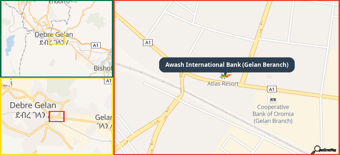 Map showing the address of Awash International Bank (Gelan Beranch) in three different zoom levels.