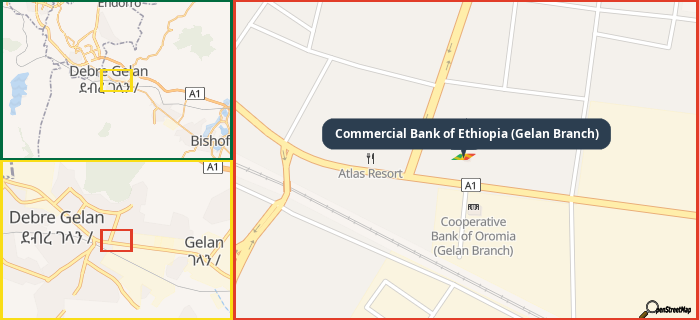 Map showing the address of Commercial Bank of Ethiopia (Gelan Branch) in three different zoom levels.
