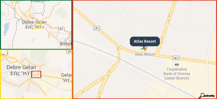 Map showing the address of Atlas Resort in three different zoom levels.