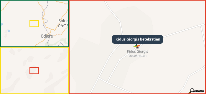 Map showing the address of Kidus Giorgis betekrstian in three different zoom levels.