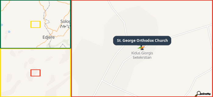 Map showing the address of St. George Orthodox Church in three different zoom levels.