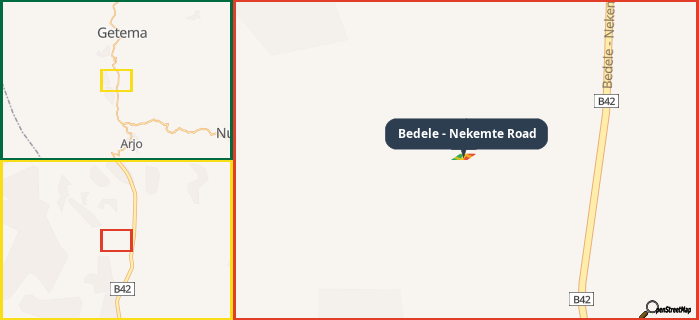 Map showing the address of Bedele - Nekemte Road in three different zoom levels.