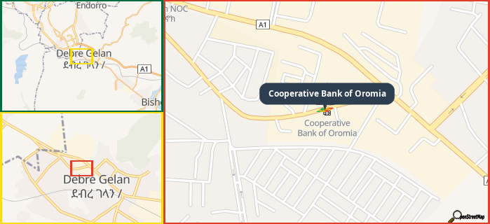 Map showing the address of Cooperative Bank of Oromia in three different zoom levels.