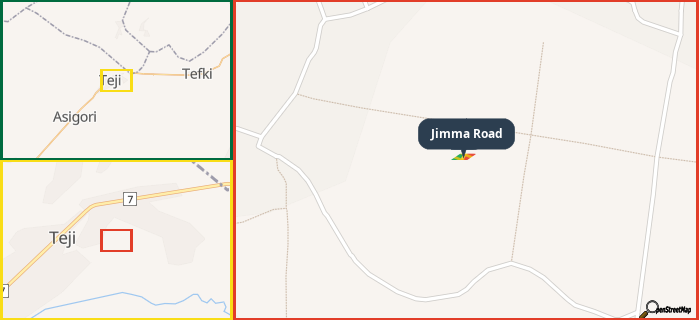 Map showing the address of Jimma Road in three different zoom levels.