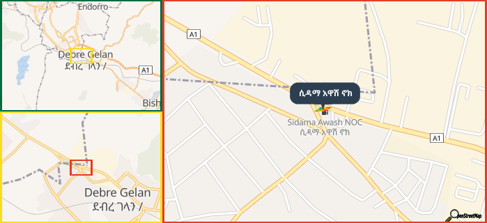 Map showing the address of ሲዳማ አዋሽ ኖክ in three different zoom levels.