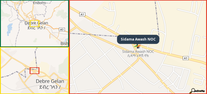 Map showing the address of Sidama Awash NOC in three different zoom levels.