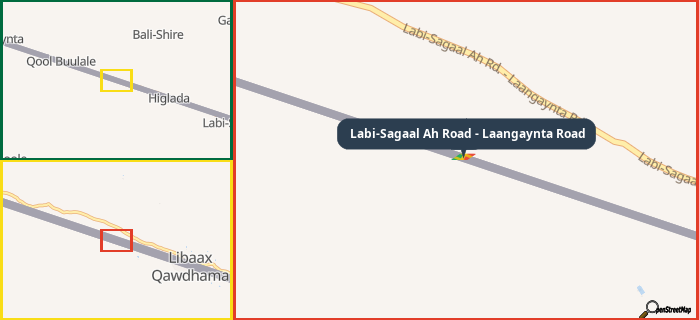 Map showing the address of Labi-Sagaal Ah Road - Laangaynta Road in three different zoom levels.