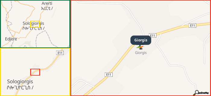 Map showing the address of Giorgis in three different zoom levels.