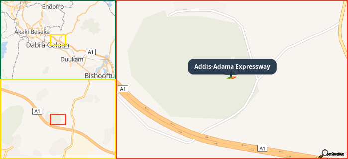 Map showing the address of Addis-Adama Expressway in three different zoom levels.