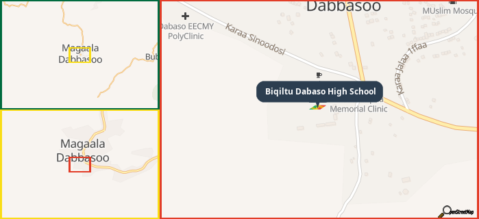 Map showing the address of Biqiltu Dabaso High School in three different zoom levels.