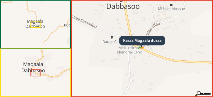 Map showing the address of Karaa Magaala duraa in three different zoom levels.