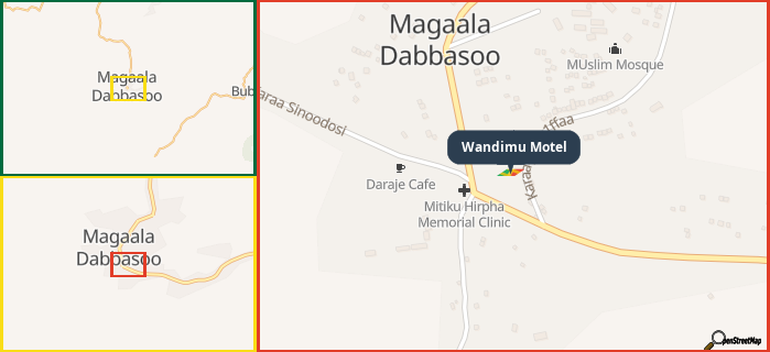 Map showing the address of Wandimu Motel in three different zoom levels.