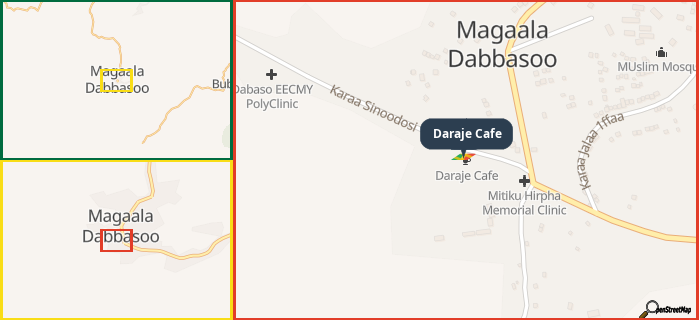 Map showing the address of Daraje Cafe in three different zoom levels.